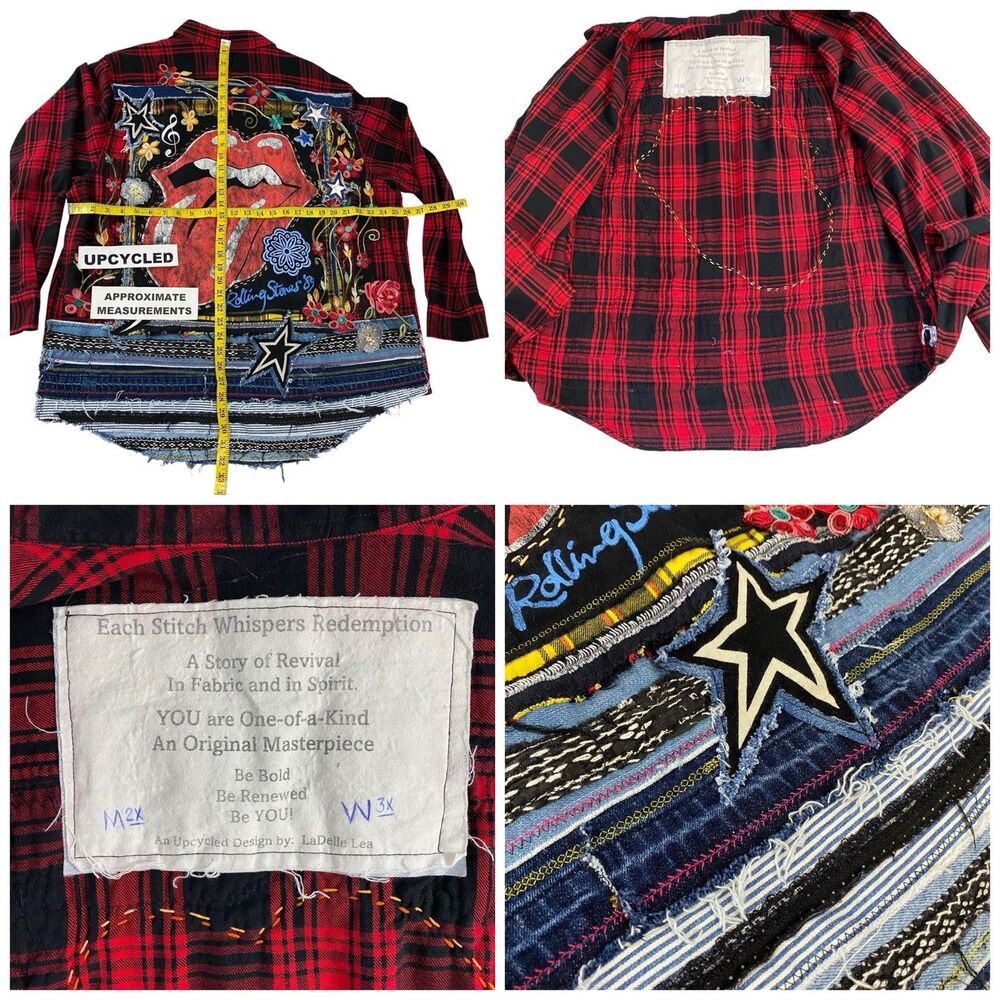Upcycled Flannel Shirt Shacket Womens 3X Lips Stones Custom Grunge Rocker Skater - Picture 5 of 15